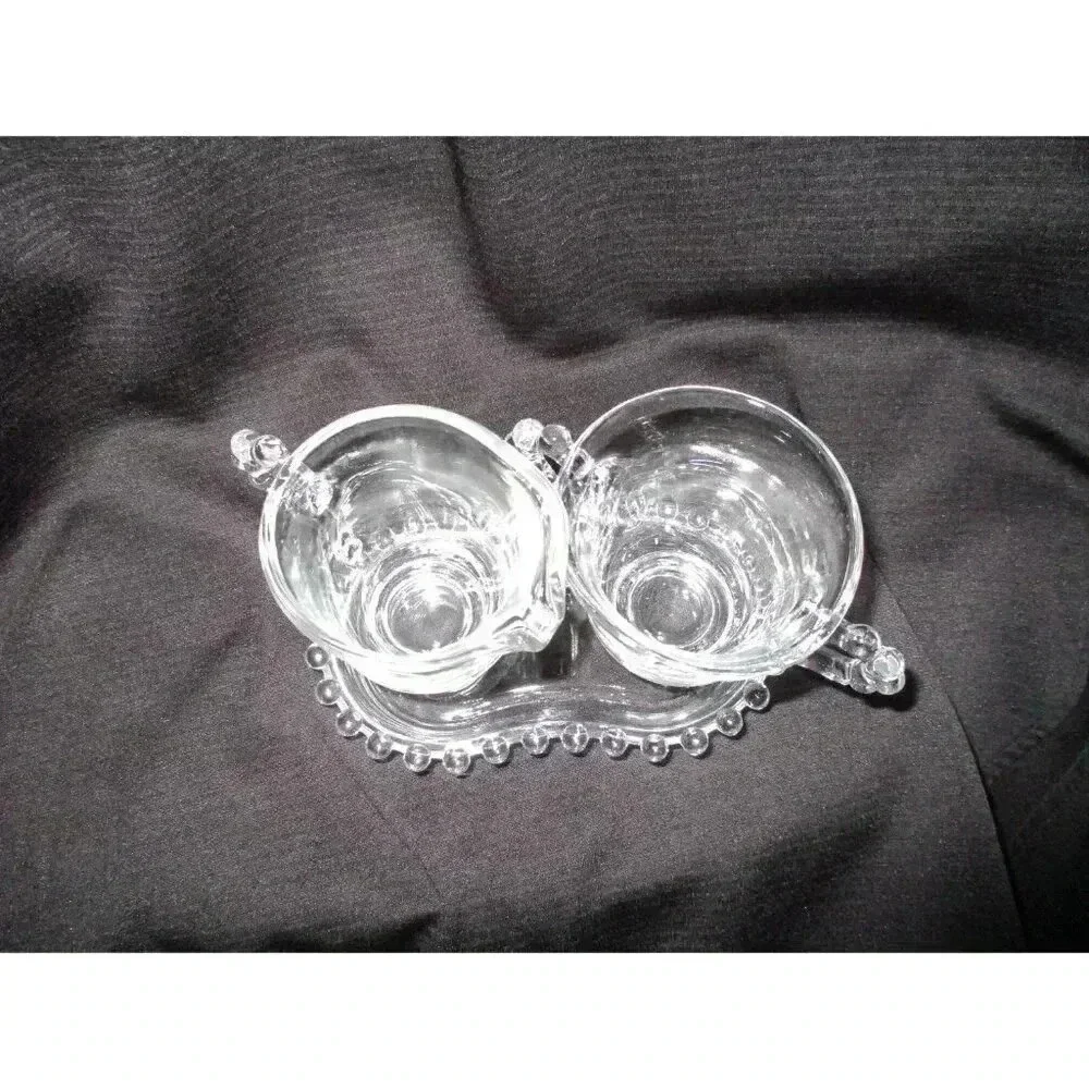 Sugar/Cream with Tray Vntg Imperial Glass Candlewick ‎ kitchenware knobby clear